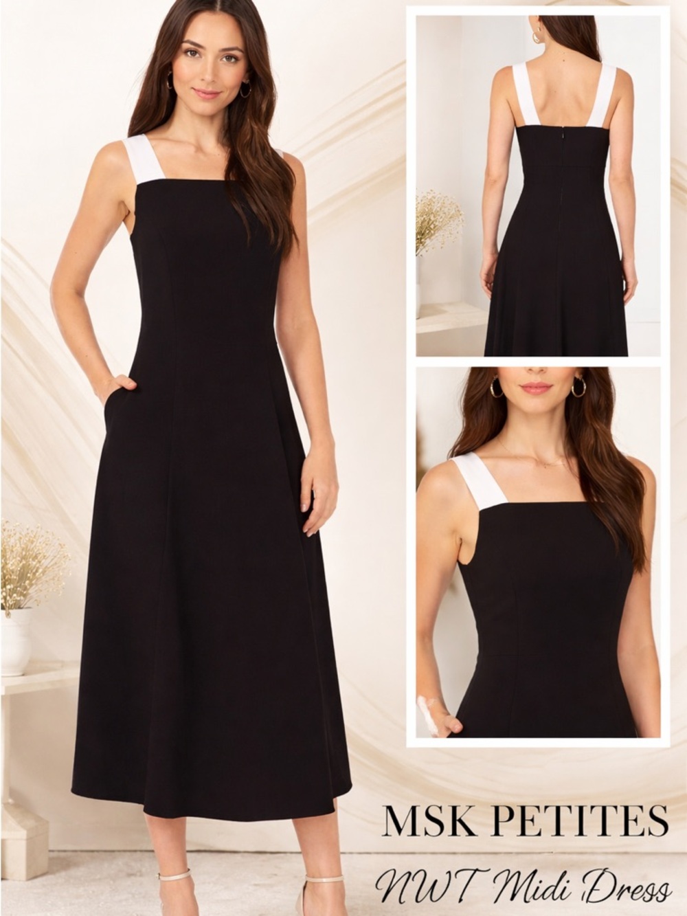 MSK Petites Black White Colorblock Crepe Midi Dress PL NWT Sleeveless Pockets - Picture 2 of 9